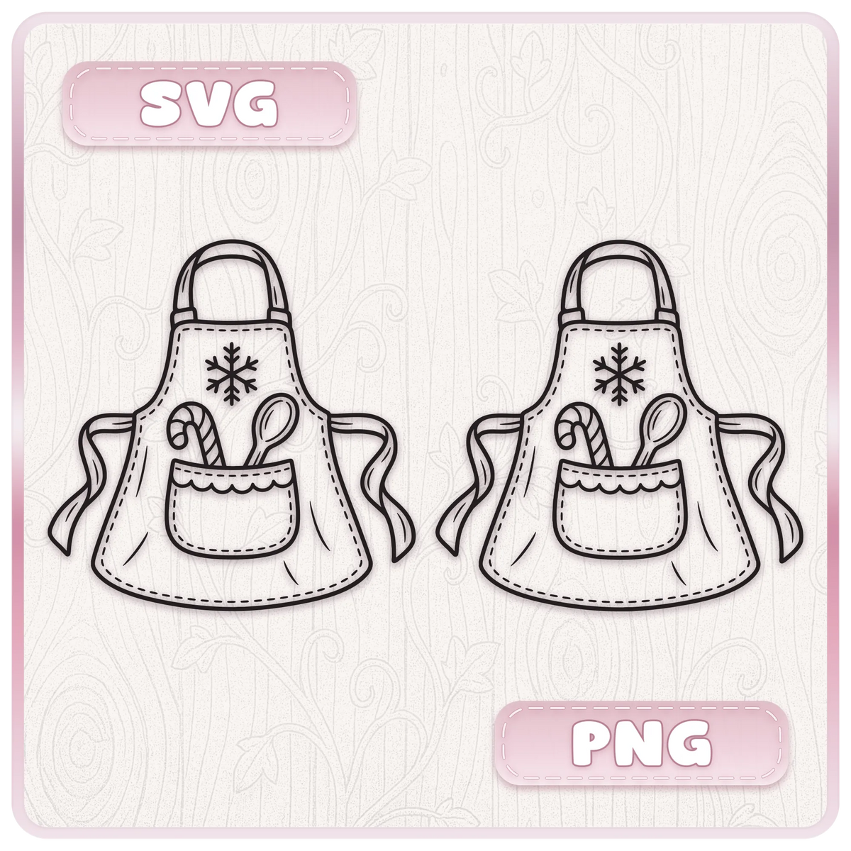 Christmas apron line art design shown in SVG and PNG formats, featuring a snowflake, candy cane and baking spoon