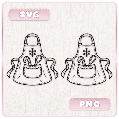 Christmas apron line art design shown in SVG and PNG formats, featuring a snowflake, candy cane and baking spoon