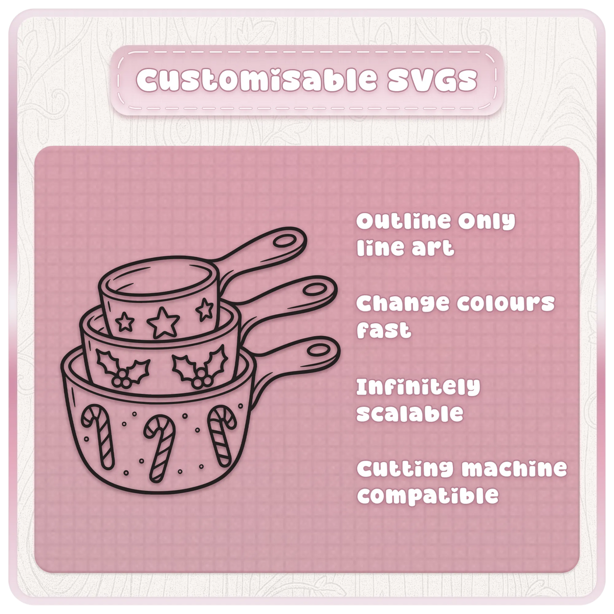 Customisable Christmas baking SVG line art illustration of festive saucepans with stars, holly and candy cane details