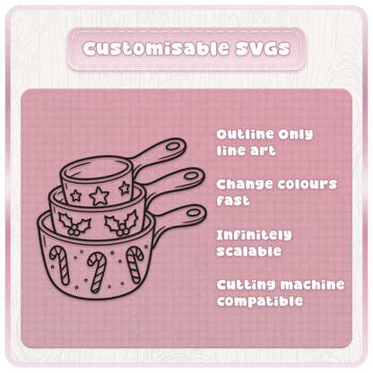 Customisable Christmas baking SVG line art illustration of festive saucepans with stars, holly and candy cane details