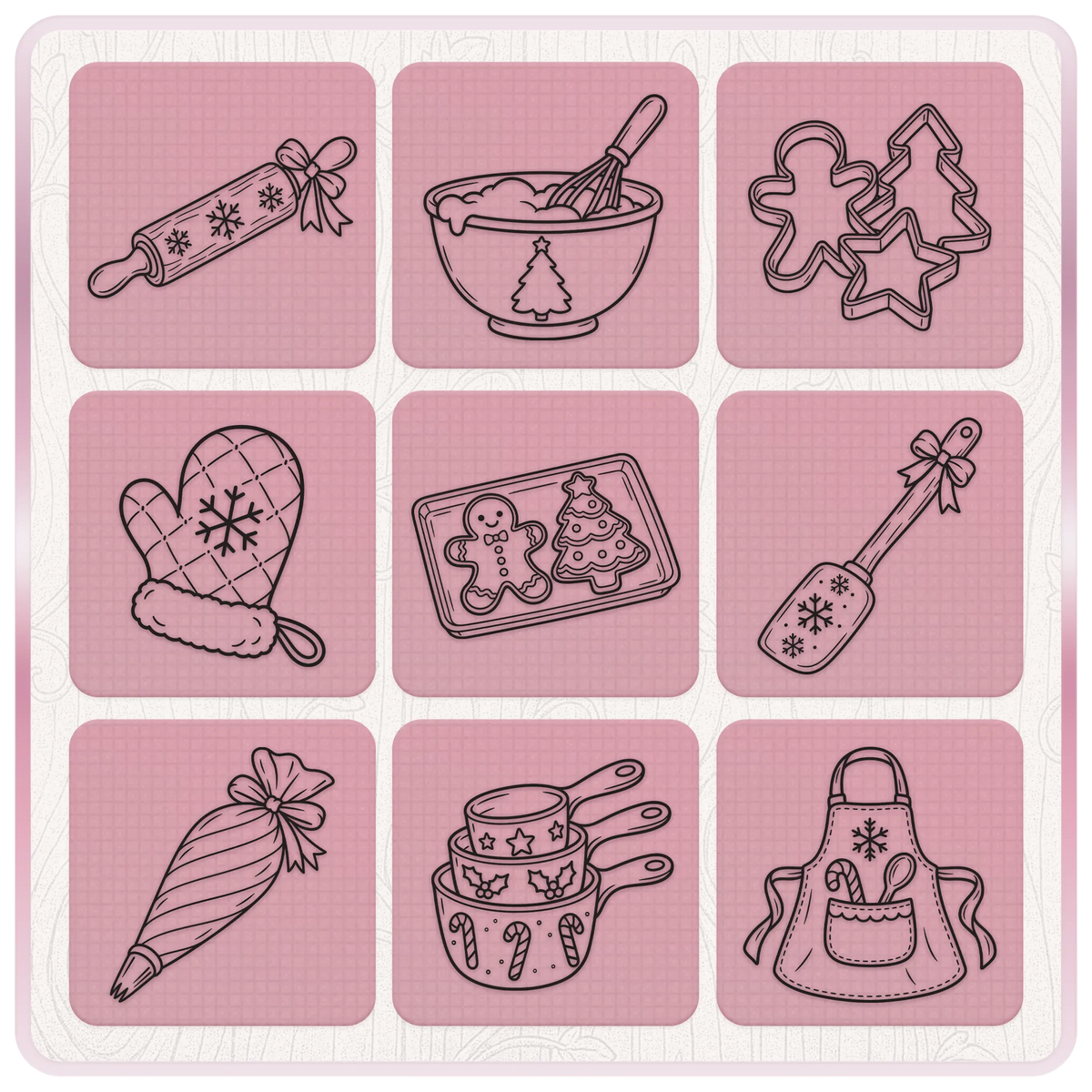Christmas baking SVG and PNG line art designs including rolling pin, mixing bowl, cookie cutters, oven mitt and apron