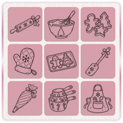 Christmas baking SVG and PNG line art designs including rolling pin, mixing bowl, cookie cutters, oven mitt and apron