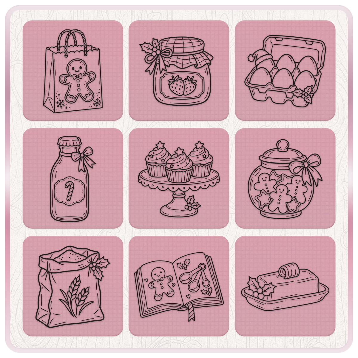 Christmas baking clipart bundle featuring gingerbread gift bag, jam jar, cupcakes, cookie jar, recipe book and butter dish
