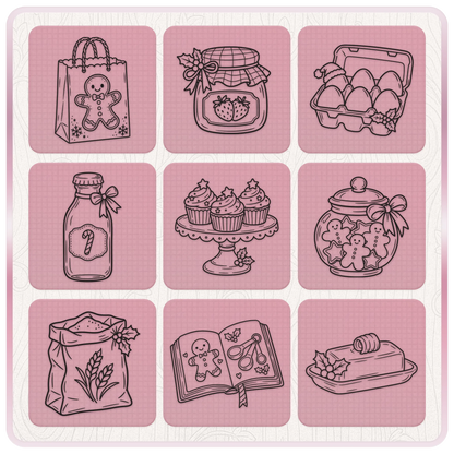 Christmas baking clipart bundle featuring gingerbread gift bag, jam jar, cupcakes, cookie jar, recipe book and butter dish