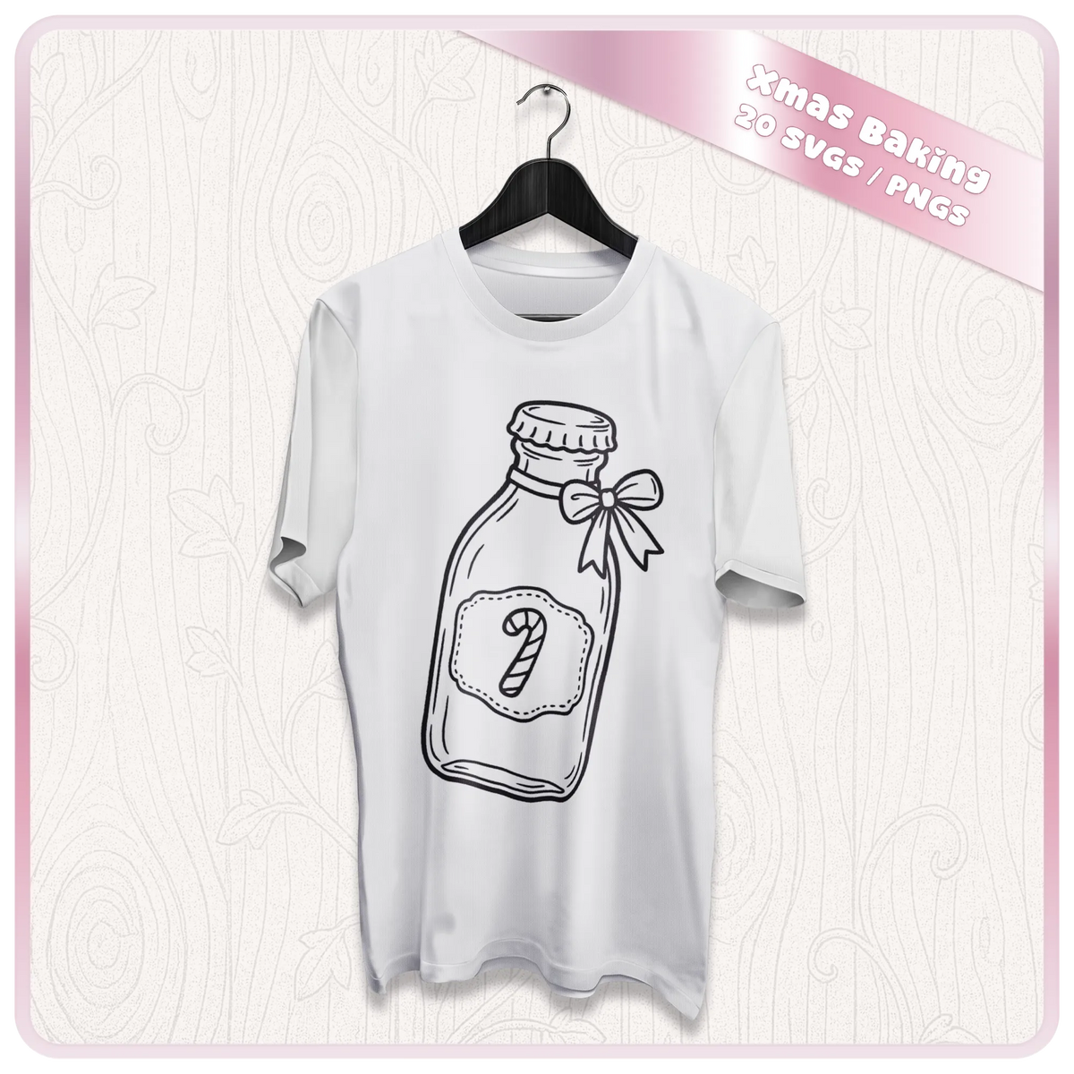 White T-shirt mockup featuring Christmas baking SVG line art bottle design with festive bow and candy cane label