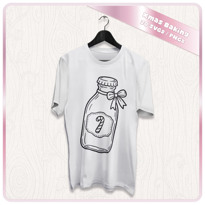 White T-shirt mockup featuring Christmas baking SVG line art bottle design with festive bow and candy cane label