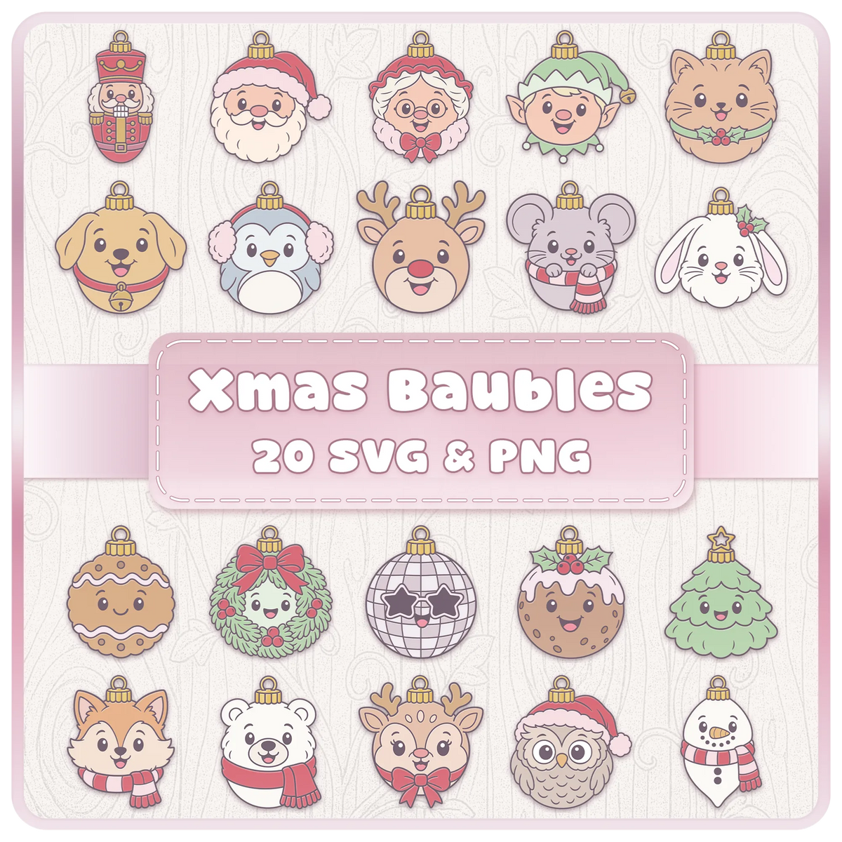Cute Christmas bauble characters SVG and PNG bundle featuring 20 festive clipart designs including Santa, reindeer, penguin and woodland animals.