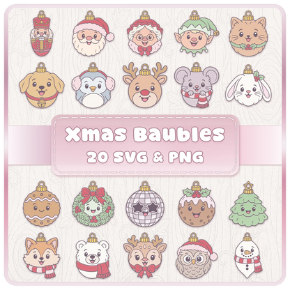 Cute Christmas bauble characters SVG and PNG bundle featuring 20 festive clipart designs including Santa, reindeer, penguin and woodland animals.