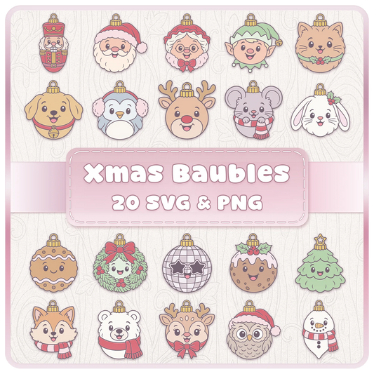 Cute Christmas bauble characters SVG and PNG bundle featuring 20 festive clipart designs including Santa, reindeer, penguin and woodland animals.