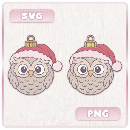 Christmas owl bauble character shown in SVG and PNG formats, cute festive ornament clipart for digital downloads and DIY Christmas crafts.