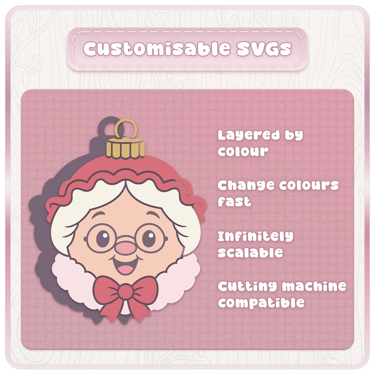 Customisable Christmas bauble SVG featuring Mrs Claus with colour-separated layers, ideal for Cricut cutting projects and festive crafts.