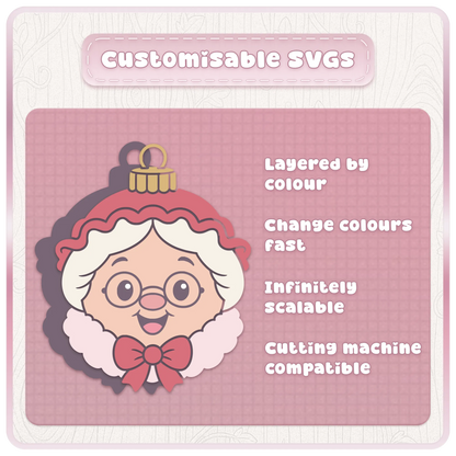 Customisable Christmas bauble SVG featuring Mrs Claus with colour-separated layers, ideal for Cricut cutting projects and festive crafts.