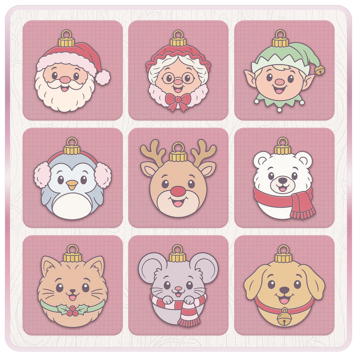 Cute Christmas character bauble SVG and PNG clipart featuring Santa, Mrs Claus, elf, penguin, reindeer, polar bear, cat, mouse and dog.