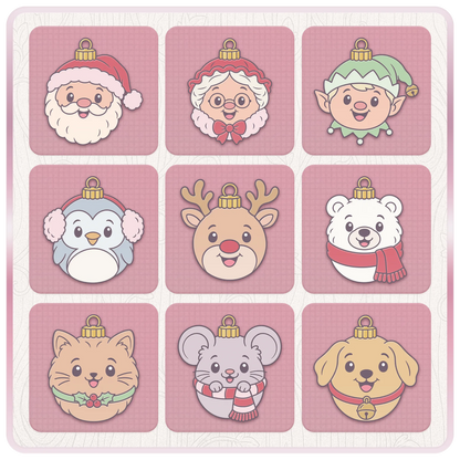 Cute Christmas character bauble SVG and PNG clipart featuring Santa, Mrs Claus, elf, penguin, reindeer, polar bear, cat, mouse and dog.