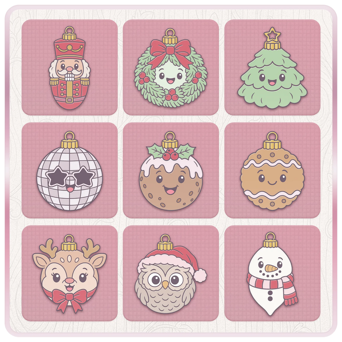 Festive Christmas bauble SVG bundle with nutcracker, wreath, Christmas tree, disco ball, pudding, gingerbread, reindeer, owl and snowman designs.