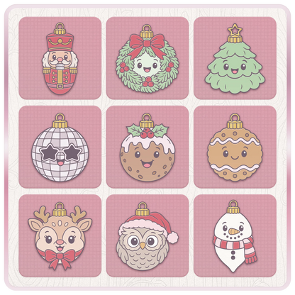 Festive Christmas bauble SVG bundle with nutcracker, wreath, Christmas tree, disco ball, pudding, gingerbread, reindeer, owl and snowman designs.