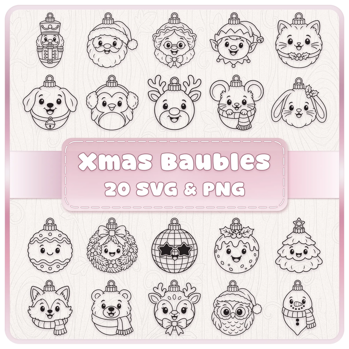 Christmas Bauble SVG and PNG bundle featuring 20 cute festive character ornament line art designs including Santa, reindeer and woodland animals.