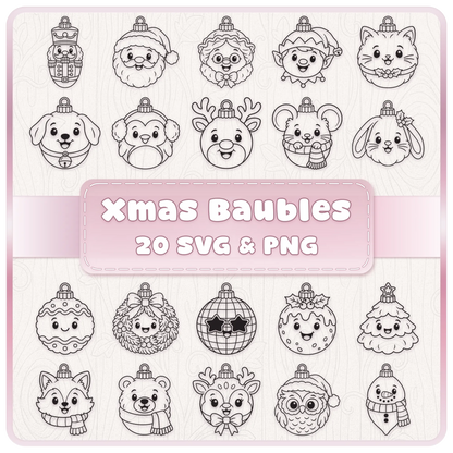 Christmas Bauble SVG and PNG bundle featuring 20 cute festive character ornament line art designs including Santa, reindeer and woodland animals.
