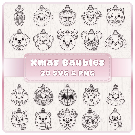 Christmas Bauble SVG and PNG bundle featuring 20 cute festive character ornament line art designs including Santa, reindeer and woodland animals.