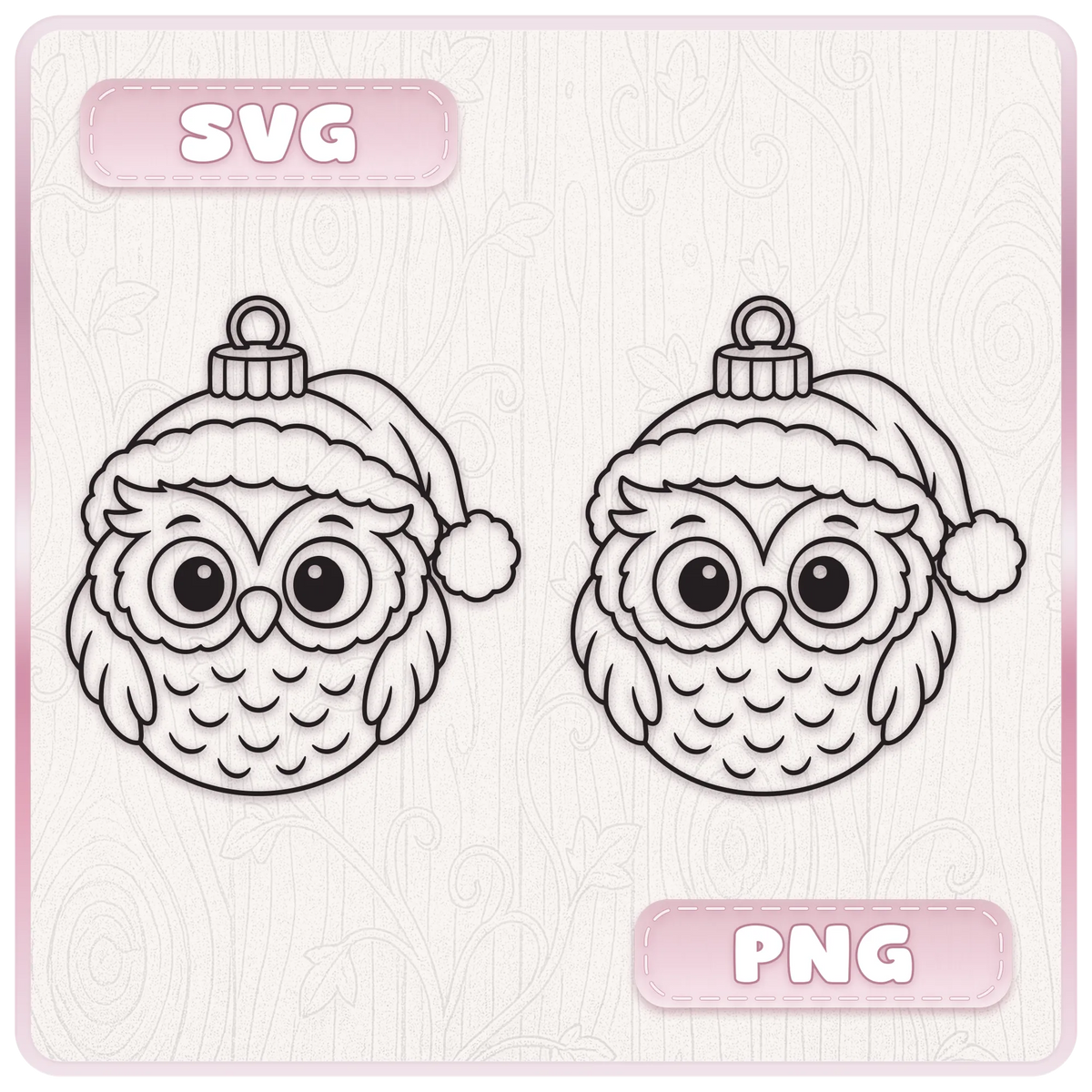 Cute Christmas owl bauble line art design wearing a Santa hat, shown as SVG and PNG clipart for festive crafts and cutting machine projects.