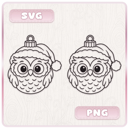 Cute Christmas owl bauble line art design wearing a Santa hat, shown as SVG and PNG clipart for festive crafts and cutting machine projects.