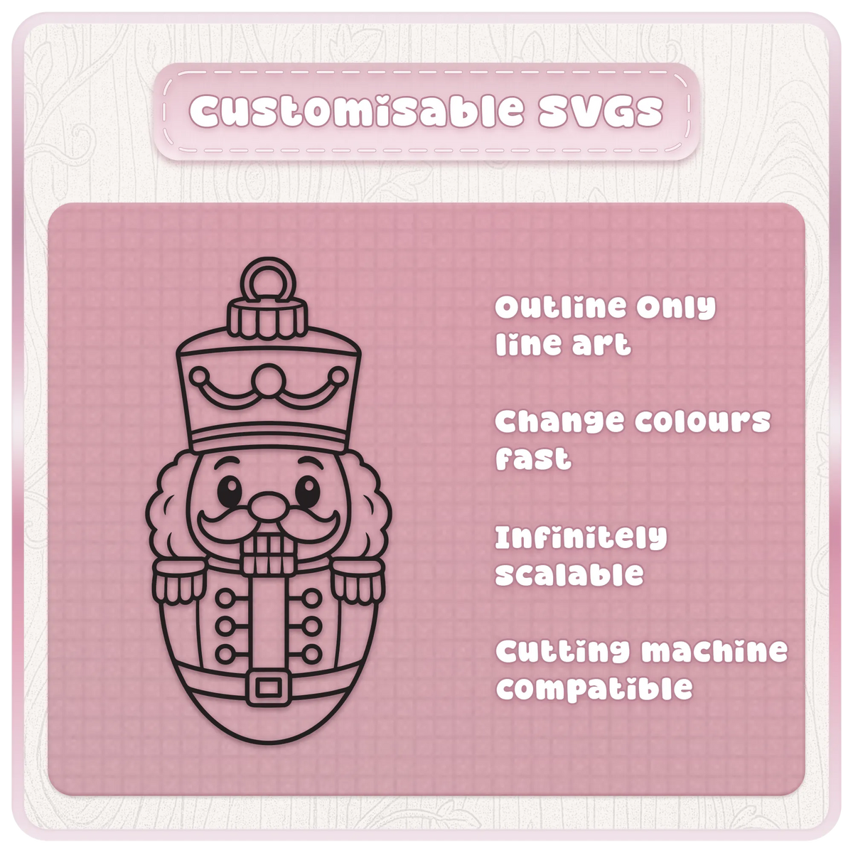 Customisable Christmas nutcracker bauble SVG outline clipart showing scalable black line art for colour changes, Cricut crafts and cutting machines.