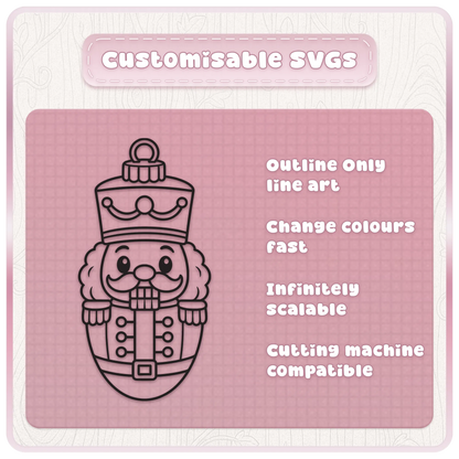 Customisable Christmas nutcracker bauble SVG outline clipart showing scalable black line art for colour changes, Cricut crafts and cutting machines.