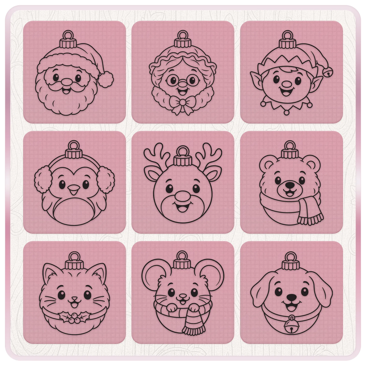 Cute Christmas character bauble SVG outlines featuring Santa, Mrs Claus, elf, penguin, reindeer, bear, kitten, mouse and puppy ornament clipart.