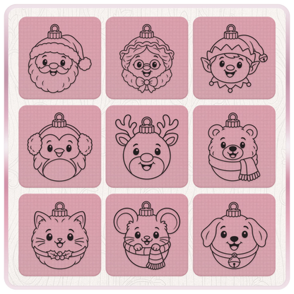 Cute Christmas character bauble SVG outlines featuring Santa, Mrs Claus, elf, penguin, reindeer, bear, kitten, mouse and puppy ornament clipart.
