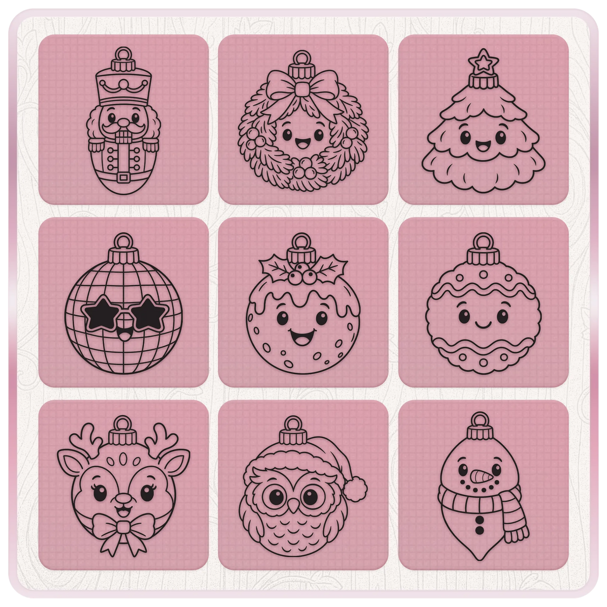 Christmas bauble line art SVG collection with nutcracker, festive wreath, Christmas tree, disco ball, pudding, reindeer, owl and snowman designs.