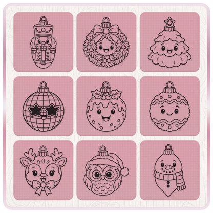 Christmas bauble line art SVG collection with nutcracker, festive wreath, Christmas tree, disco ball, pudding, reindeer, owl and snowman designs.