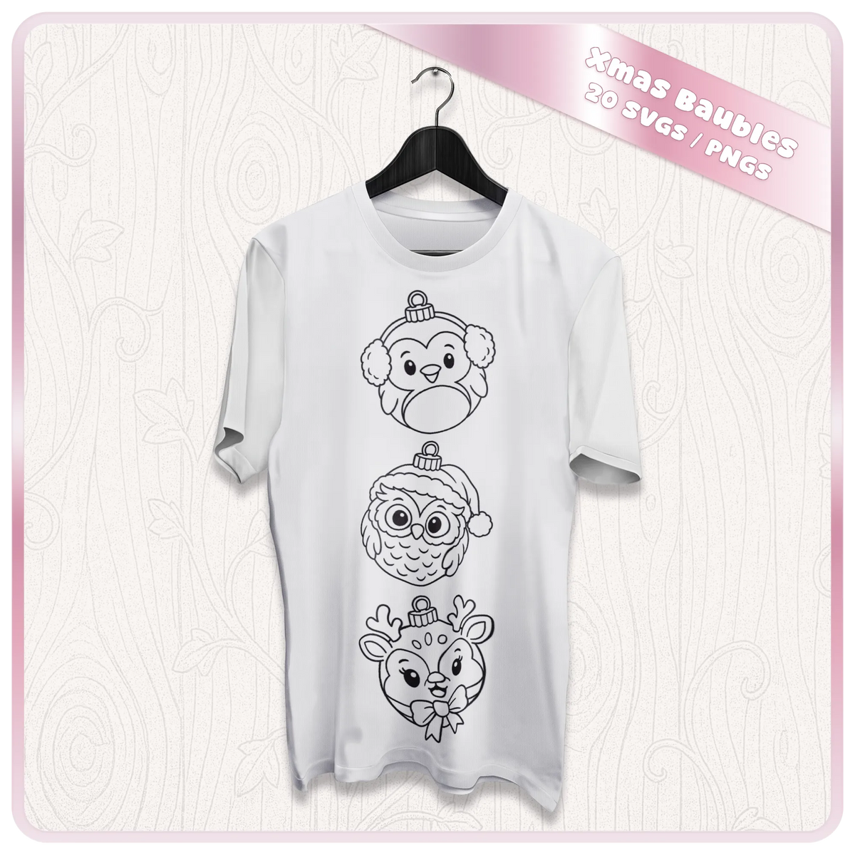 White Christmas T-shirt mockup featuring cute penguin, owl and reindeer bauble line art SVG designs for festive clothing and personalised gifts.