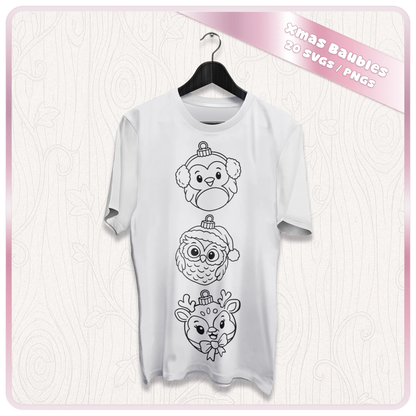 White Christmas T-shirt mockup featuring cute penguin, owl and reindeer bauble line art SVG designs for festive clothing and personalised gifts.