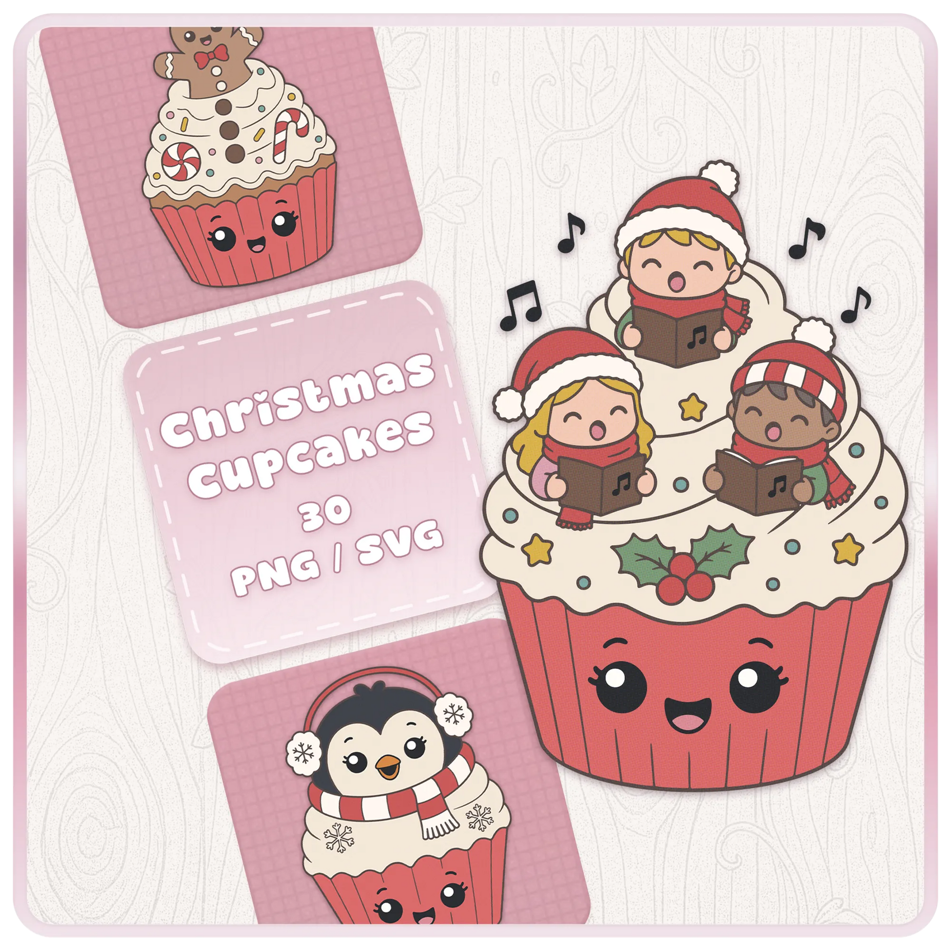 Christmas Cupcakes SVG and PNG clipart bundle cover featuring cute holiday cupcake characters with carol singers, penguin, gingerbread, and festive kawaii cupcake designs.