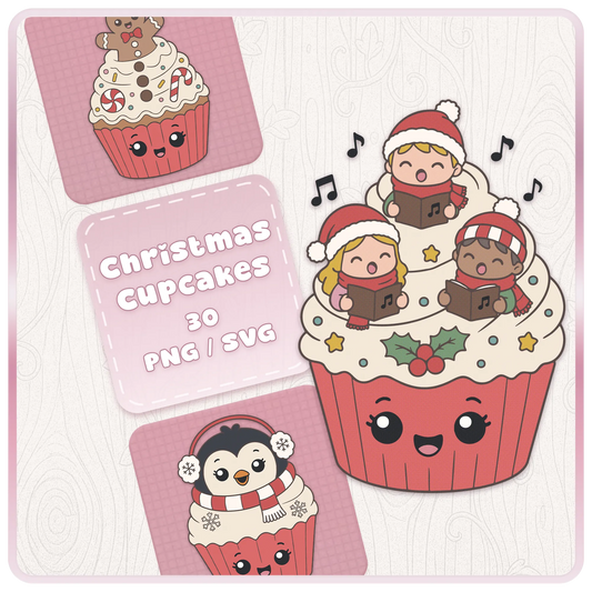 Christmas Cupcakes SVG and PNG clipart bundle cover featuring cute holiday cupcake characters with carol singers, penguin, gingerbread, and festive kawaii cupcake designs.