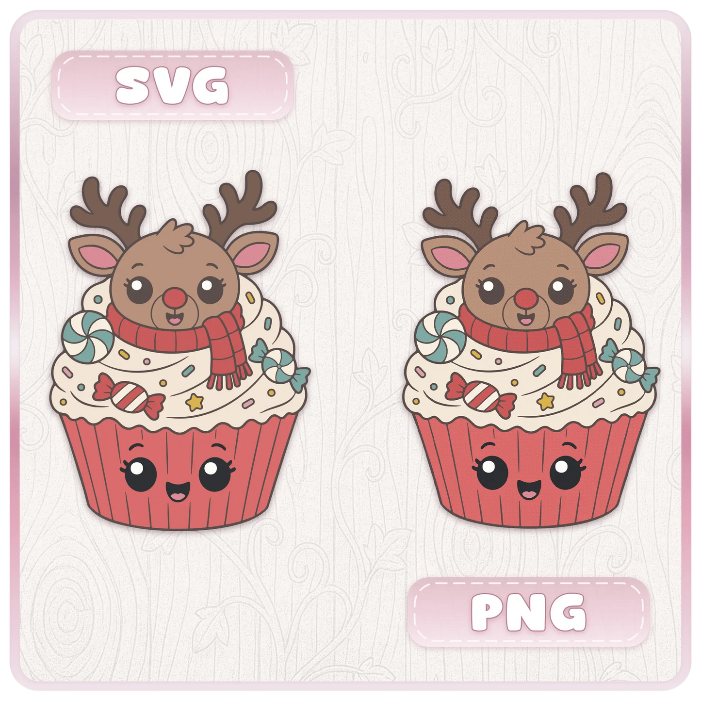 Christmas cupcake SVG and PNG preview showing cute reindeer cupcake clipart with red scarf, candy decorations, and festive holiday cupcake design.