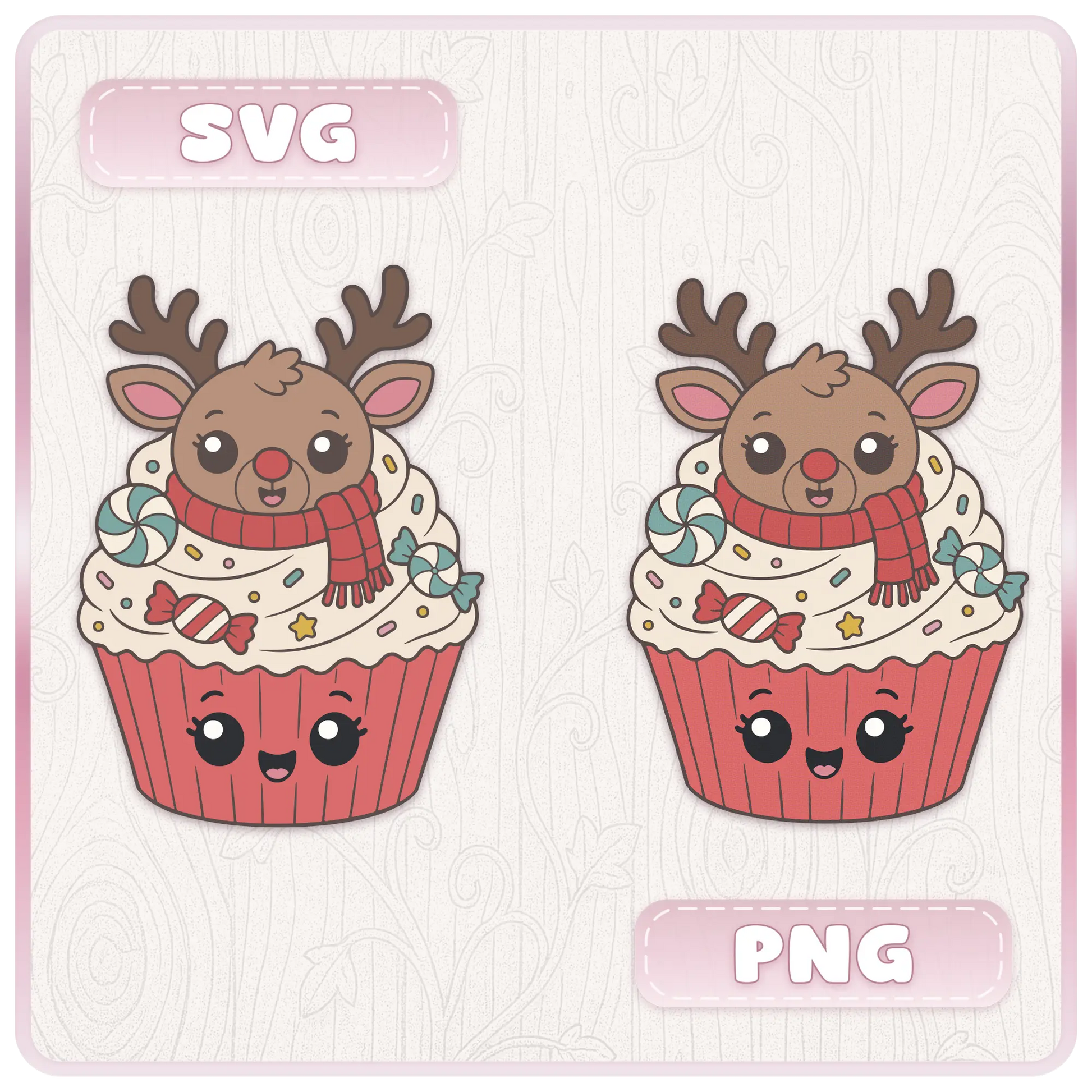 Christmas cupcake SVG and PNG preview showing cute reindeer cupcake clipart with red scarf, candy decorations, and festive holiday cupcake design.