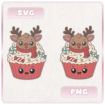 Christmas cupcake SVG and PNG preview showing cute reindeer cupcake clipart with red scarf, candy decorations, and festive holiday cupcake design.
