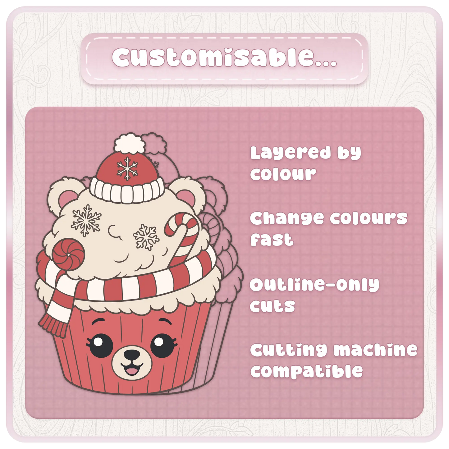 Customisable Christmas cupcake SVG bundle preview showing layered-by-colour cut files with outline-only cuts and cutting machine compatible holiday clipart.