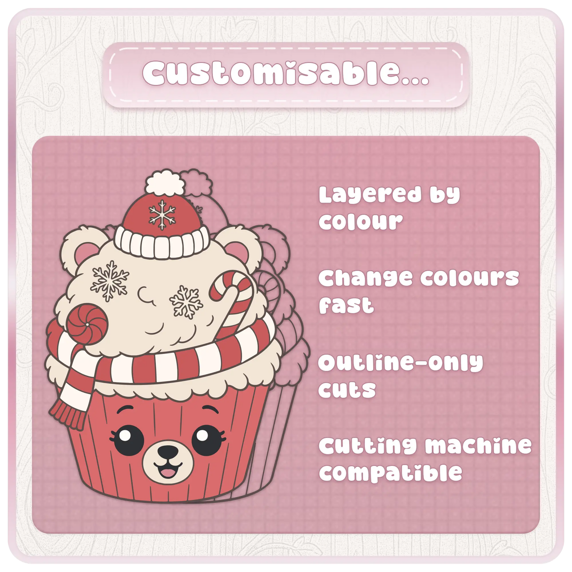 Customisable Christmas cupcake SVG bundle preview showing layered-by-colour cut files with outline-only cuts and cutting machine compatible holiday clipart.