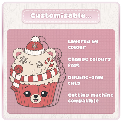 Customisable Christmas cupcake SVG bundle preview showing layered-by-colour cut files with outline-only cuts and cutting machine compatible holiday clipart.