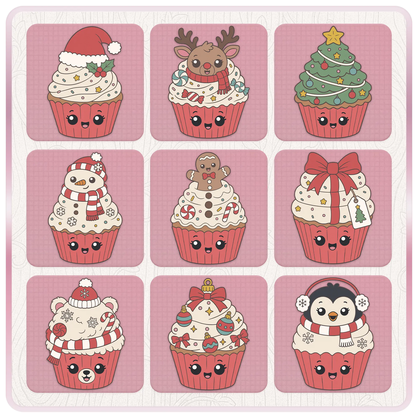 Christmas cupcake clipart preview sheet featuring Santa hat, reindeer, Christmas tree, snowman, gingerbread, gift, polar bear, ornaments, and penguin cupcake designs.