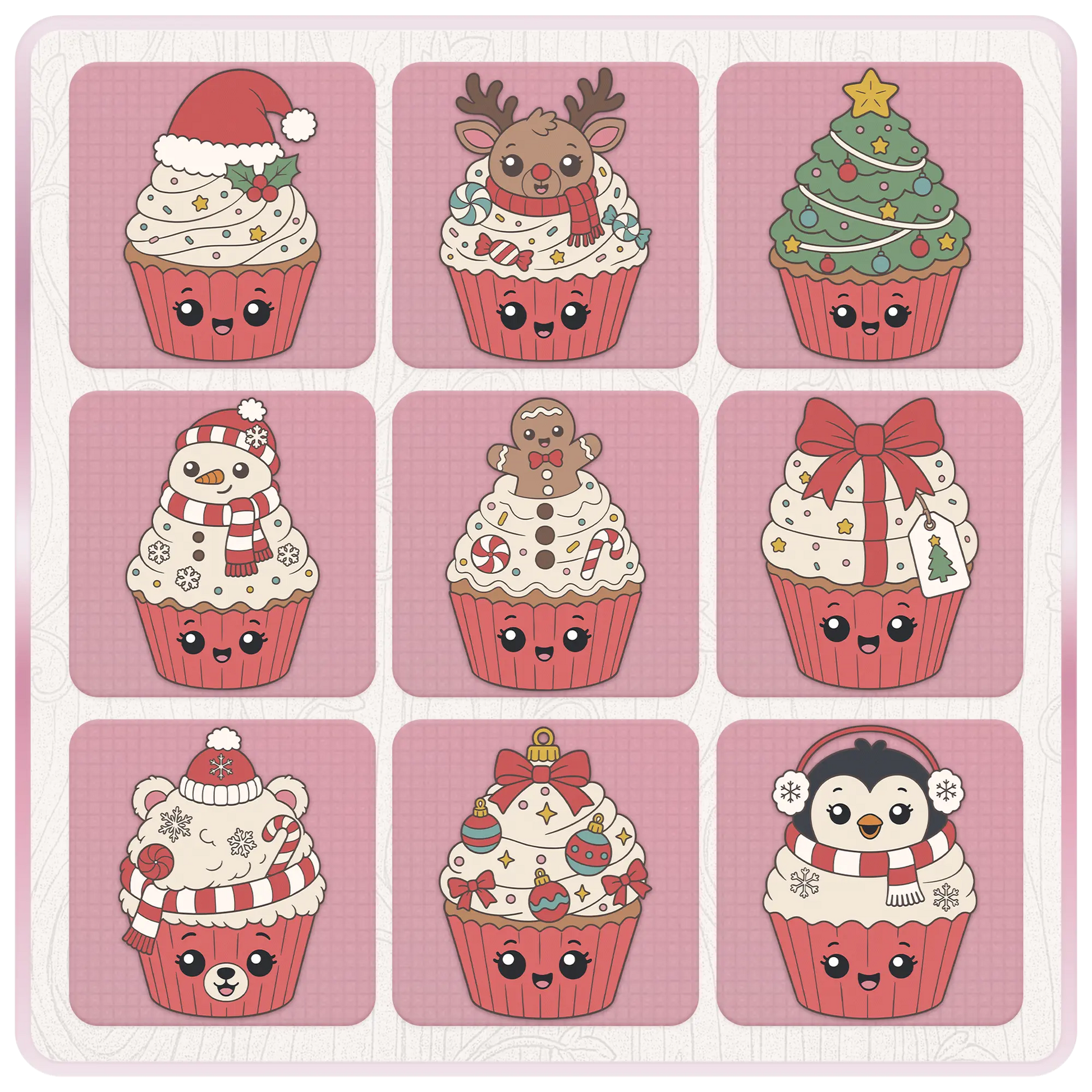 Christmas cupcake clipart preview sheet featuring Santa hat, reindeer, Christmas tree, snowman, gingerbread, gift, polar bear, ornaments, and penguin cupcake designs.