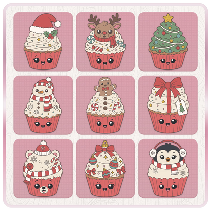 Christmas cupcake clipart preview sheet featuring Santa hat, reindeer, Christmas tree, snowman, gingerbread, gift, polar bear, ornaments, and penguin cupcake designs.