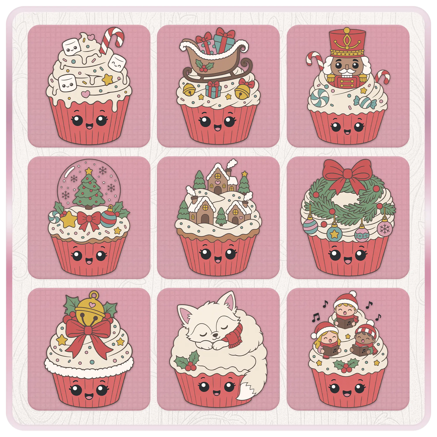 Christmas cupcake SVG preview sheet with cute marshmallow, sleigh, nutcracker, snow globe, winter village, wreath, bell, fox, and carol singer cupcake clipart.