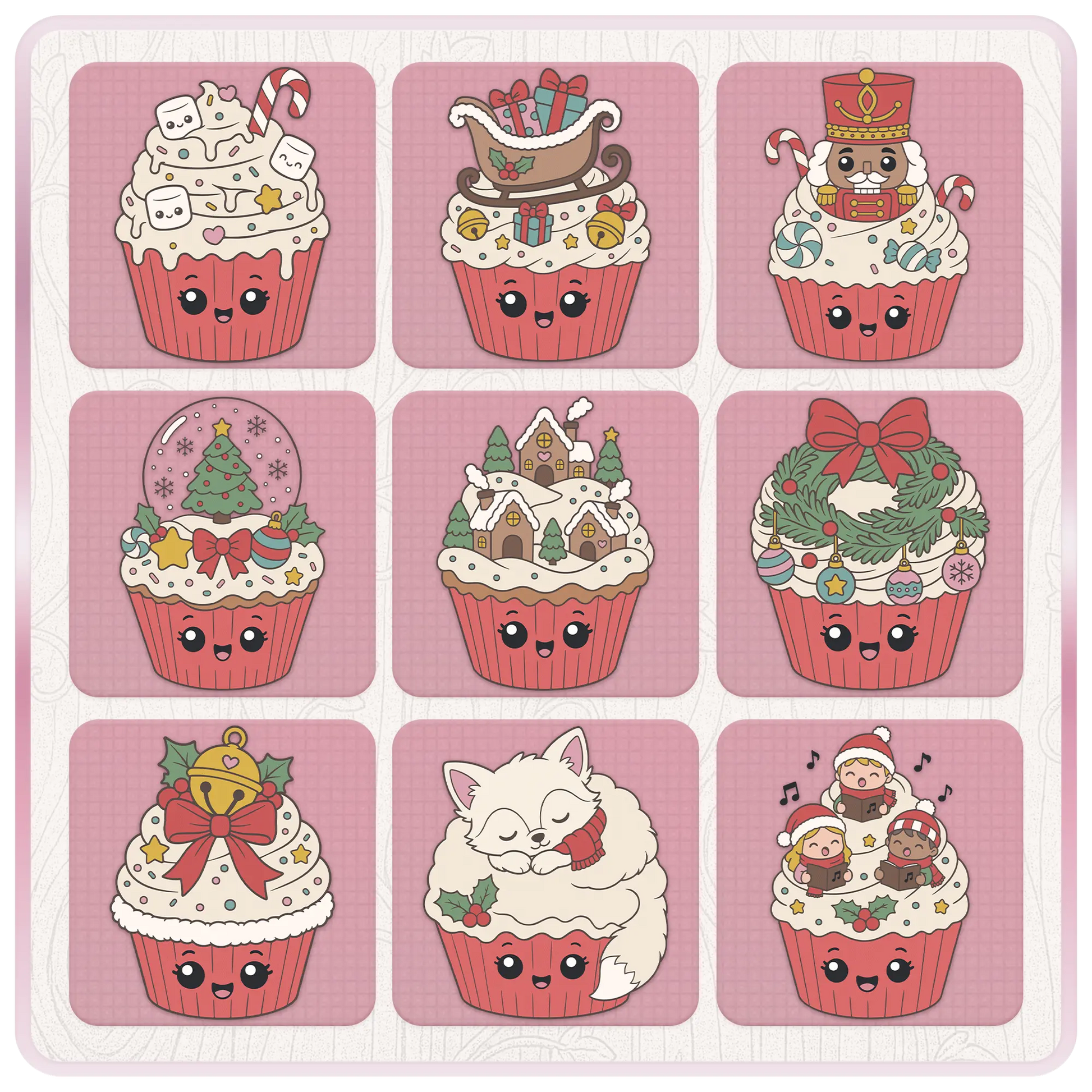 Christmas cupcake SVG preview sheet with cute marshmallow, sleigh, nutcracker, snow globe, winter village, wreath, bell, fox, and carol singer cupcake clipart.