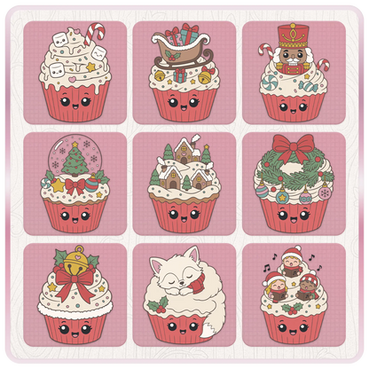 Christmas cupcake SVG preview sheet with cute marshmallow, sleigh, nutcracker, snow globe, winter village, wreath, bell, fox, and carol singer cupcake clipart.