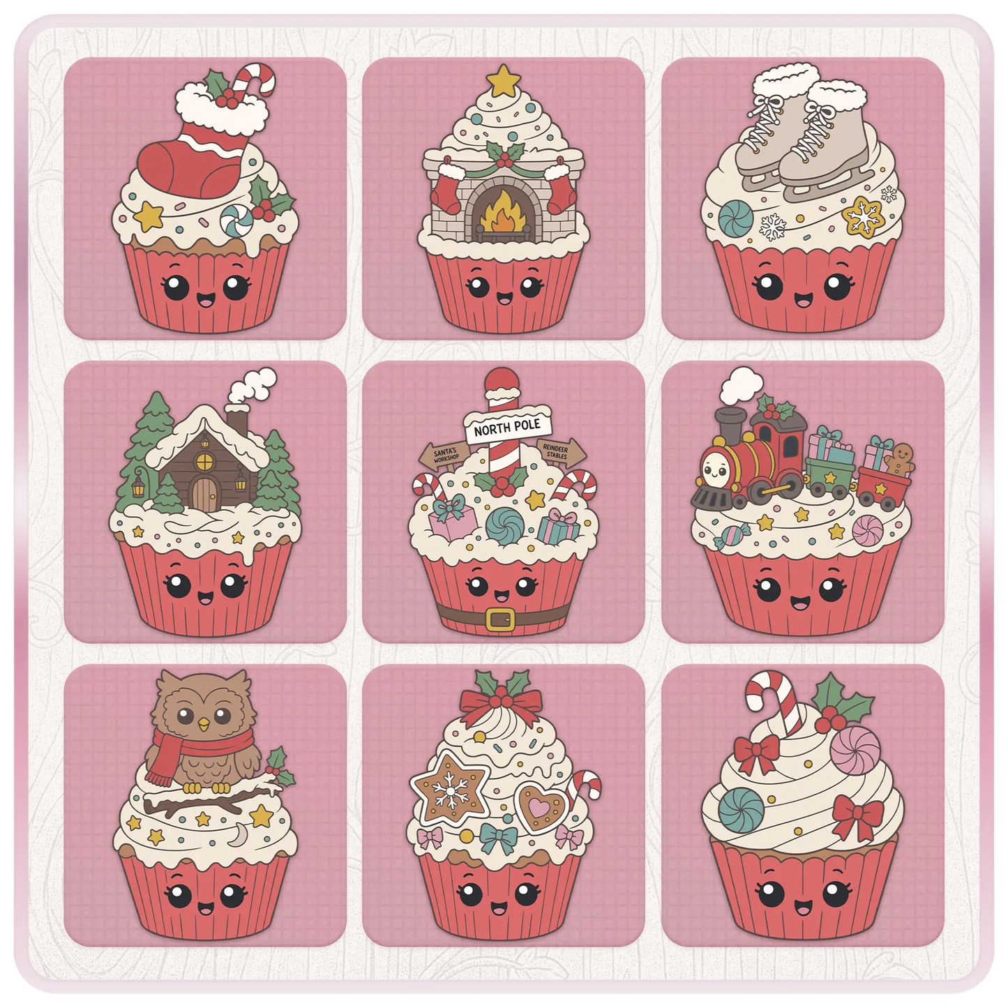 Christmas cupcake PNG and SVG preview sheet featuring stocking, fireplace, ice skates, cabin, North Pole sign, toy train, owl, cookies, and candy cupcake clipart.