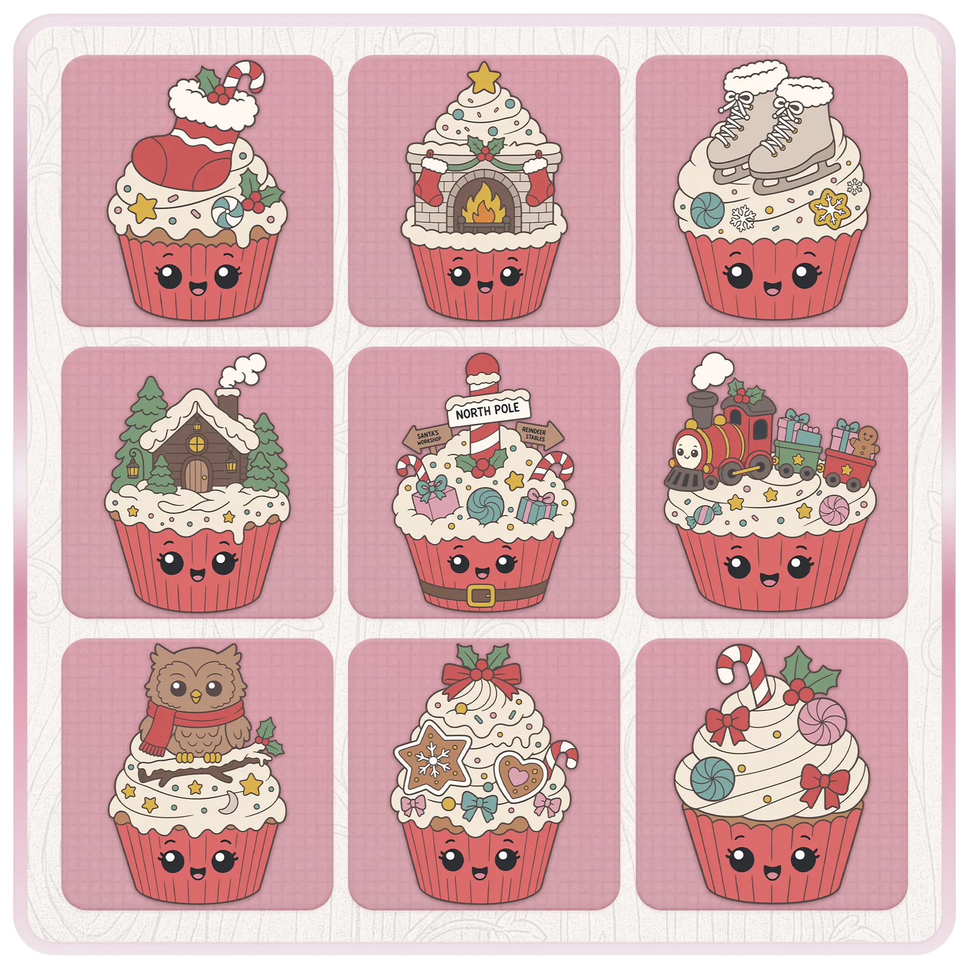 Christmas cupcake PNG and SVG preview sheet featuring stocking, fireplace, ice skates, cabin, North Pole sign, toy train, owl, cookies, and candy cupcake clipart.