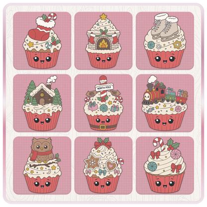 Christmas cupcake PNG and SVG preview sheet featuring stocking, fireplace, ice skates, cabin, North Pole sign, toy train, owl, cookies, and candy cupcake clipart.